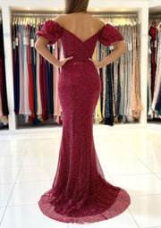 Meerjungfrau Off-Shoulder Herzausschnitt Sweep Train Metallic Garn Abschlussballkleid, Pailletten