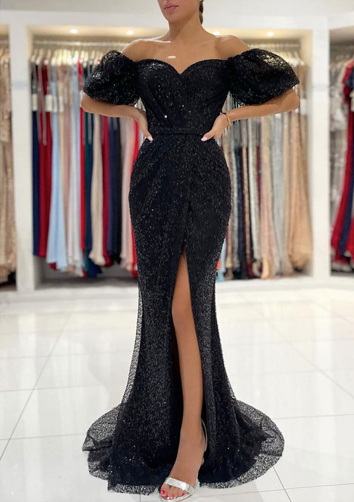 Meerjungfrau Off-Shoulder Herzausschnitt Sweep Train Metallic Garn Abschlussballkleid, Pailletten