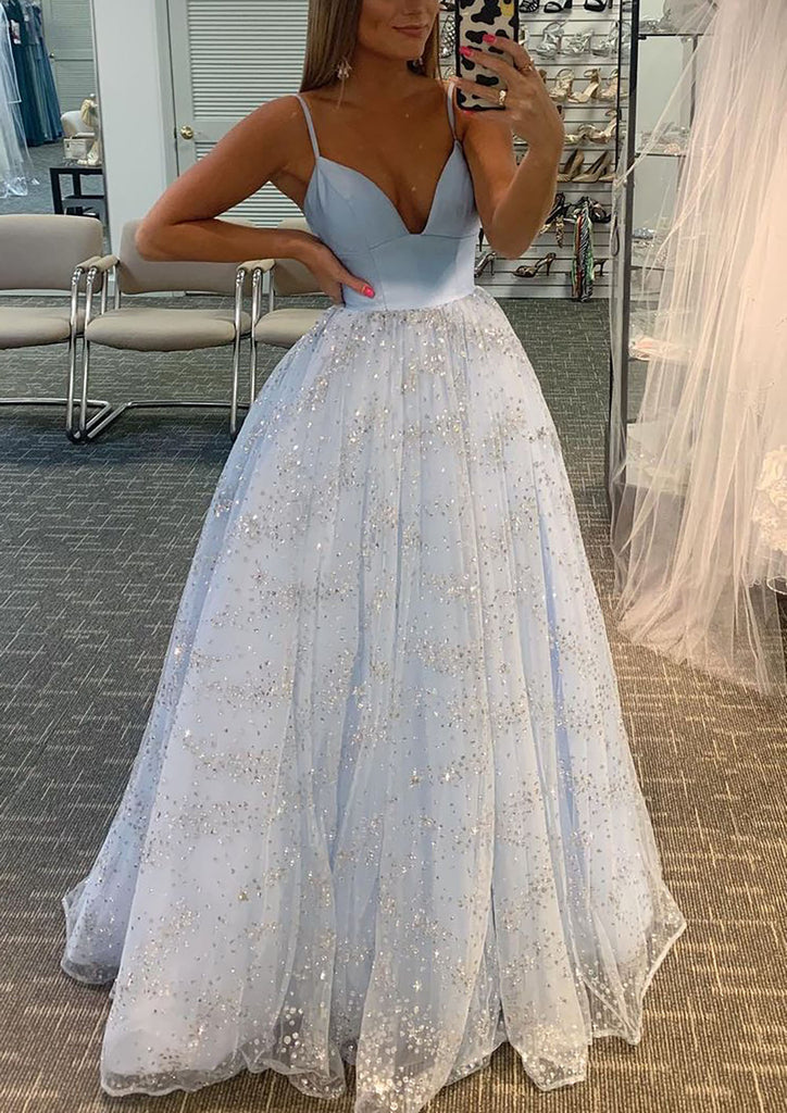 Princess A-line V-neck Sleeveless Tulle Satin Sweep Train Prom Dress, Glitter