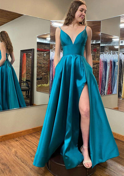 Robe de bal en satin sans manches à encolure en V, longueur sol, coupe A, avec poches et fente