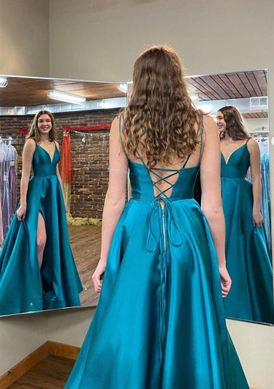 Robe de bal en satin sans manches à encolure en V, longueur sol, coupe A, avec poches et fente