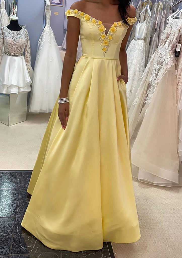 Robe de bal longue en satin jaune jonquille, ligne A, épaules dénudées, fleurs perlées, poches