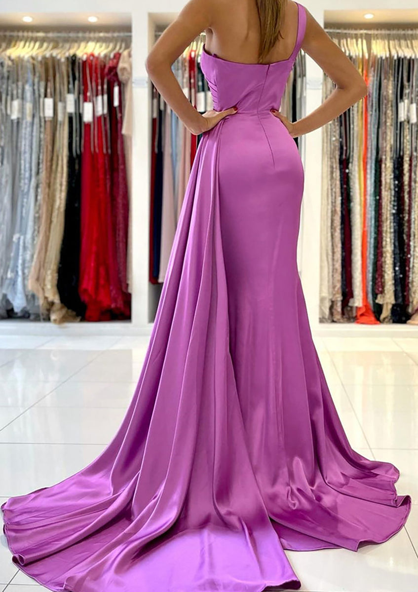 One Shoulder Sleeveless Sweep Train Satin Ball Gown With Bow Cinnamon Rose main image 1