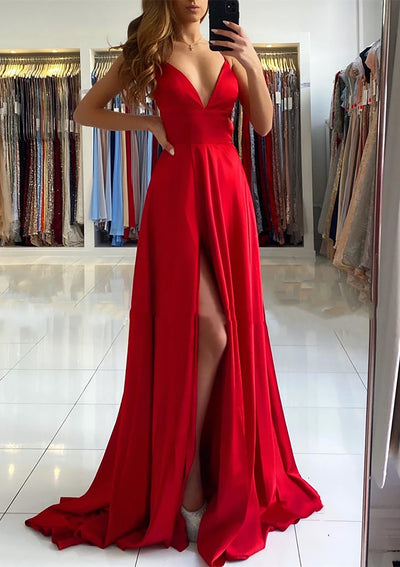 Vestido de Promoción Rojo Charmeuse con Escote en V Sin Mangas y Tiras Cruzadas, A-line, con Cola Barrida, Abierto