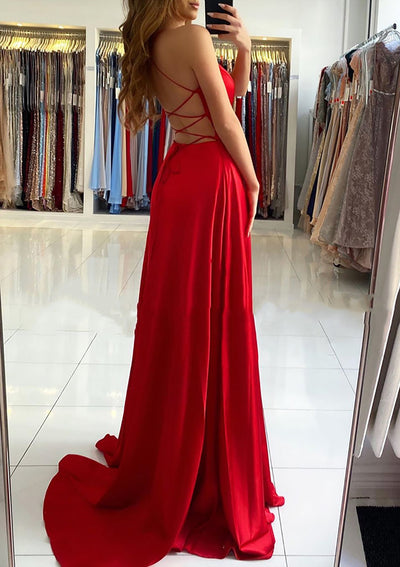 Vestido de Promoción Rojo Charmeuse con Escote en V Sin Mangas y Tiras Cruzadas, A-line, con Cola Barrida, Abierto