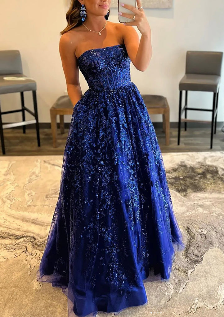 Vestido de Festa Prom de Renda Azul Royal, com Corpete Sem Alças e Comprimento até ao Chão, com Bolsos