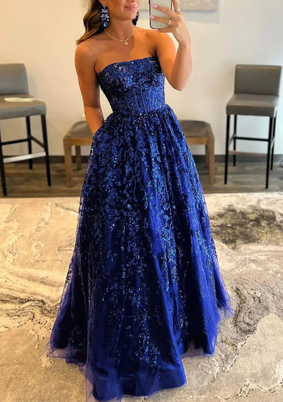 Vestido de Festa Prom de Renda Azul Royal, com Corpete Sem Alças e Comprimento até ao Chão, com Bolsos