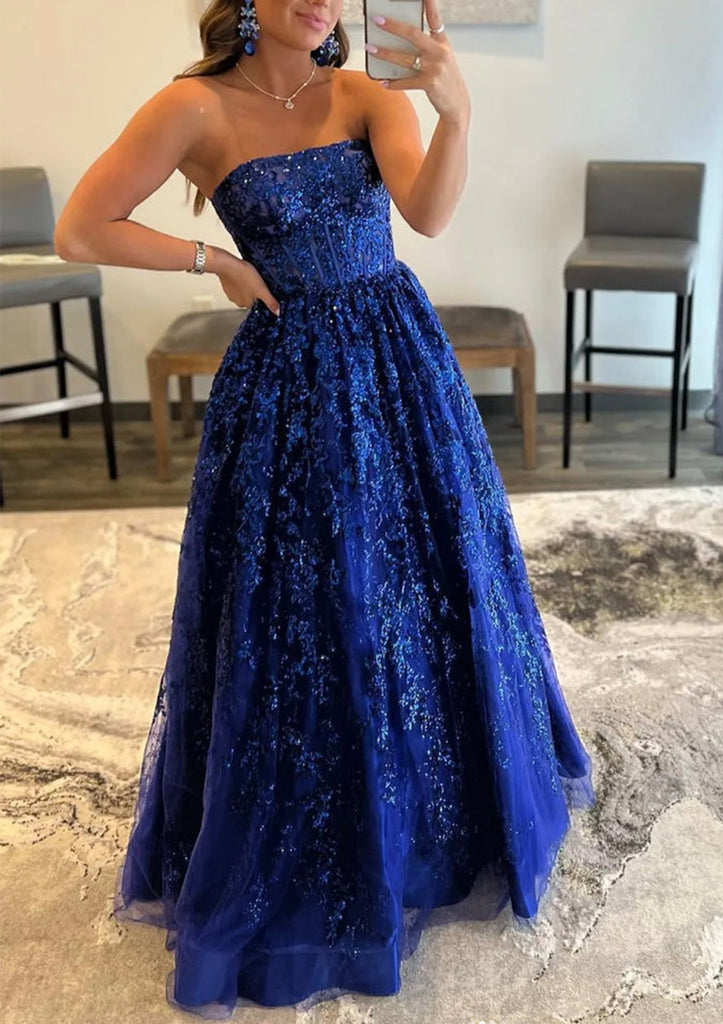 Vestido de Festa Prom de Renda Azul Royal, com Corpete Sem Alças e Comprimento até ao Chão, com Bolsos
