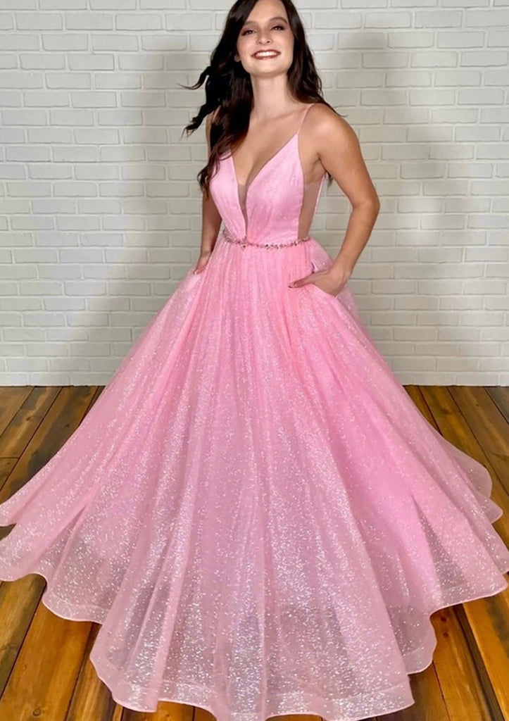 A-line Plunging Sleeveless Long Pink Tulle Glitter Prom Dress, Beading Pockets