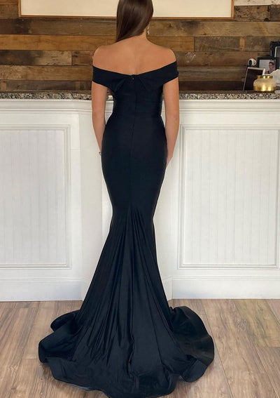 Robe de soirée de bal en jersey noir à manches courtes dénudées, traîne balayante, sirène