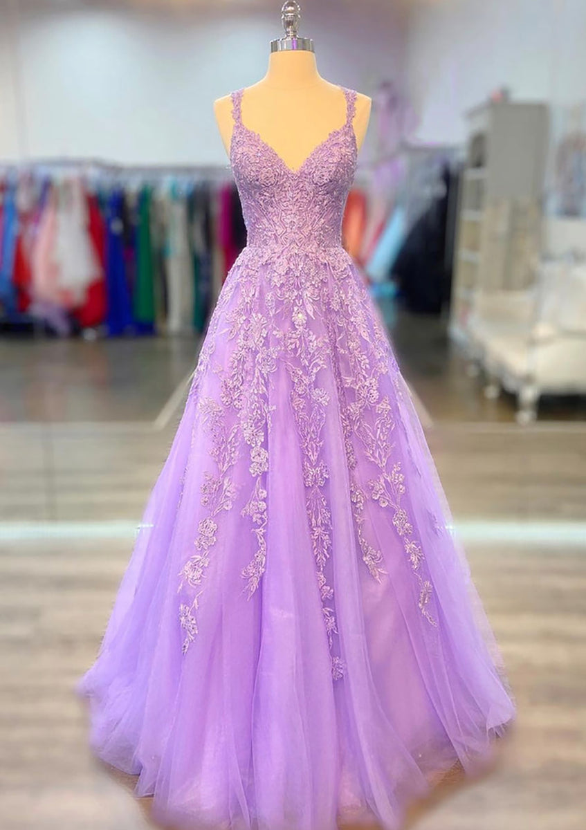 A-line V Neck Spaghetti Straps Long/Floor-Length Tulle Prom Dress With Beading Sequins Split main image 1