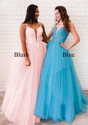 Vestido de Baile de Princesa com Decote em V, Alças Finas Cruzadas nas Costas, Longo, de Tule, para Prom, Renda