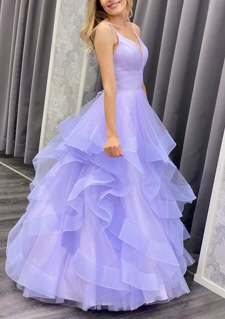 A-line V Neck Spaghetti Straps Floor-Length Lilac Tulle Prom Dress, Horsehair Ruffles
