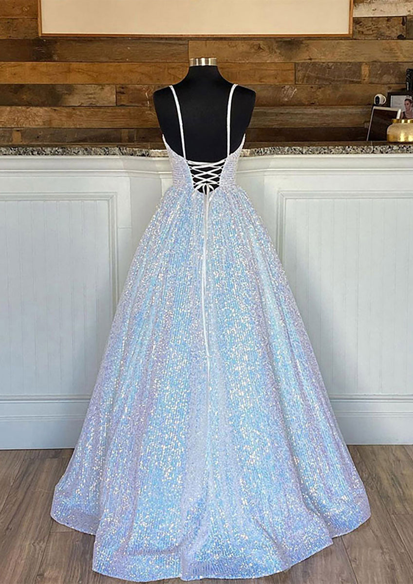 Ball Gown V-Neck Short Sleeves Floor-length Long Prom Dresses with Sequin main image 1