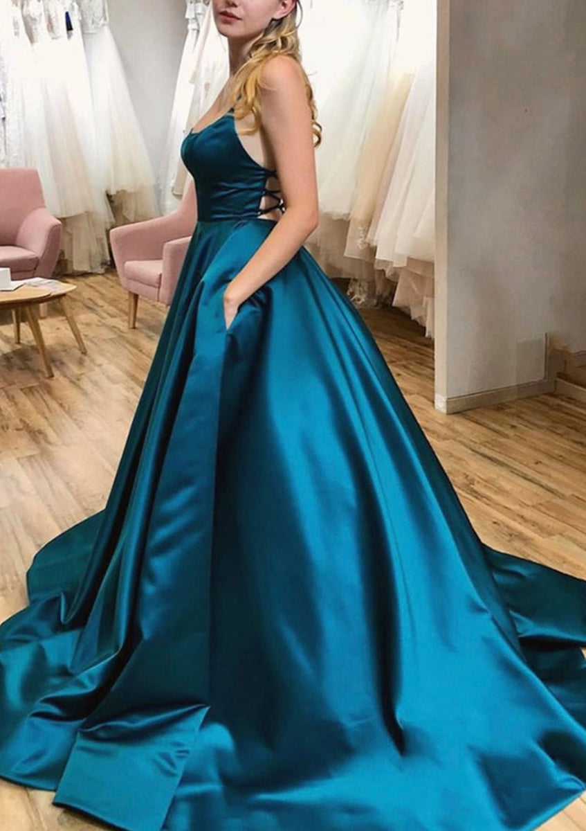 V-Neck Slit Satin Long Prom Dress Spaghetti Strap Evening Ball Gown with Pockets S14431 main image 0