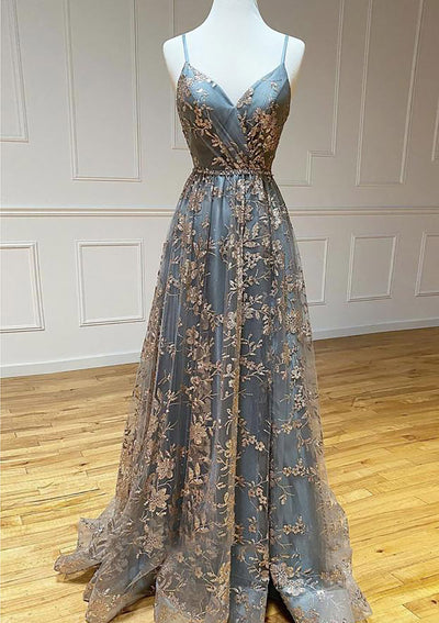 Vestido de Promenade em Tule e Cetim, Comprimento de Chão, Sem Mangas, Decote em V, Corte em Renda com Cauda A-line