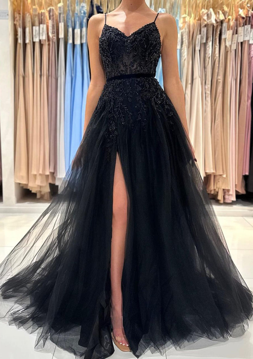 Sleek Midnight Black Tulle Prom Dress with Daring Leg Split and Ruffle main image 0