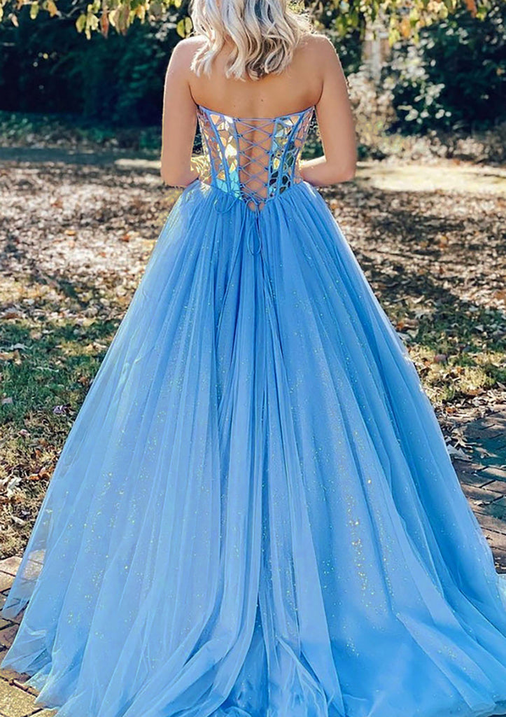 Prinzessin Sweetheart Strapless Korsett Bodenlang Tüll Abschlussballkleid, Kristall Pailletten Glitzer