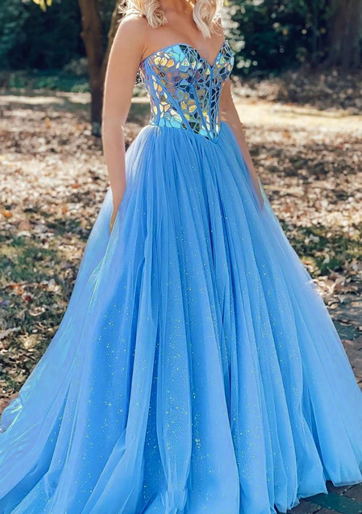 Prinzessin Sweetheart Strapless Korsett Bodenlang Tüll Abschlussballkleid, Kristall Pailletten Glitzer