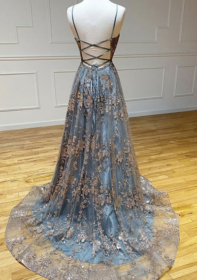 Vestido de Promenade em Tule e Cetim, Comprimento de Chão, Sem Mangas, Decote em V, Corte em Renda com Cauda A-line