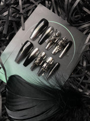 ブラック シルバー バタフライ アーマー プレスオン ロング ウェアラブル ネイル