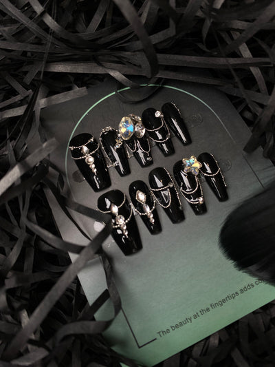 Black Queen Manicure Coffin Diamond Long Press-On False Wearable Nails