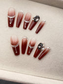 Gentle Wine Red Reusable Rhinestones Long Wearable Nails