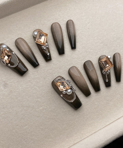 Dusk Tome Detachable Reusable Diamond Long False Wearable Nails for Wemon Girls
