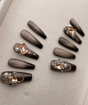 Dusk Tome - Uñas postizas largas y desmontables con diamantes reutilizables para niñas Wemon