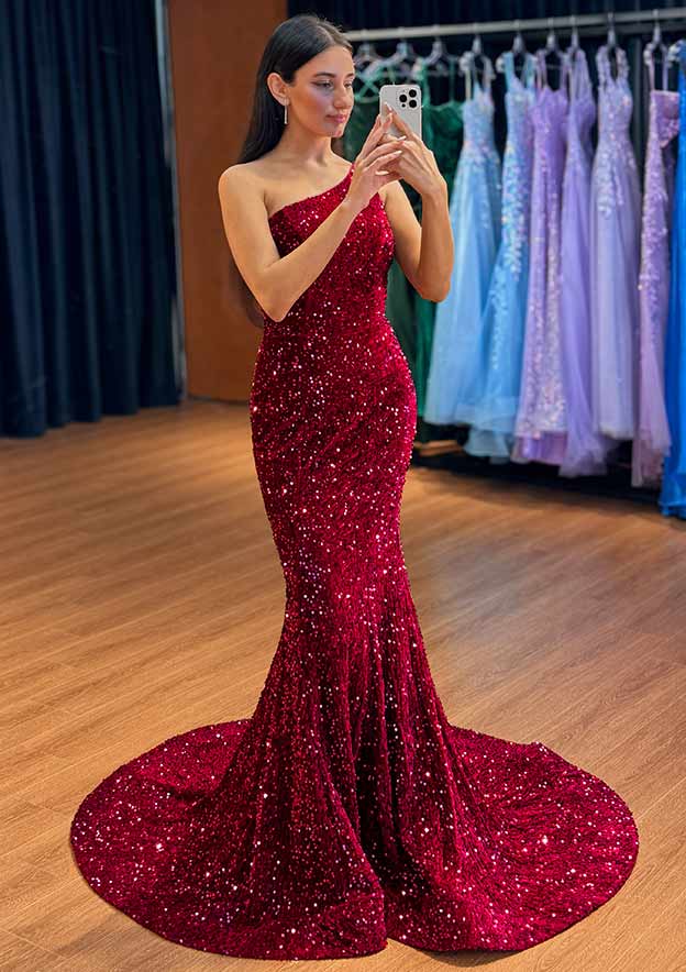 Trumpet One-Shoulder Sweep Train Burgundy Velvet Sequins Long Prom Dress Trumpet One-Shoulder Sweep Train Burgundy Velvet Sequins Long Prom Dress