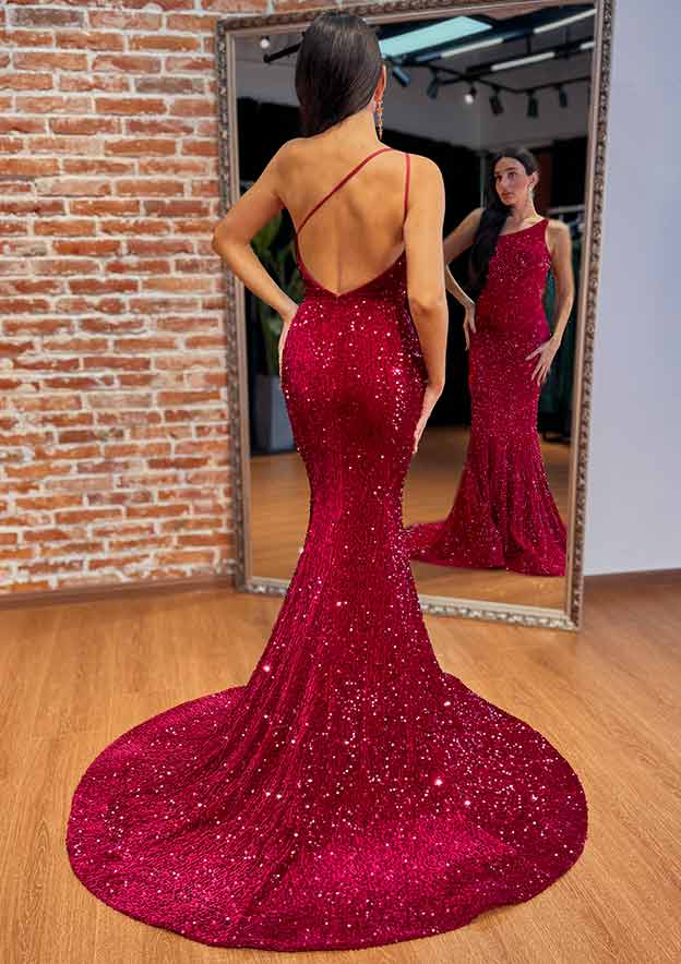burgundy prom dresses with sparkles Trumpet One-Shoulder Sweep Train Burgundy Velvet Sequins Long Prom Dress