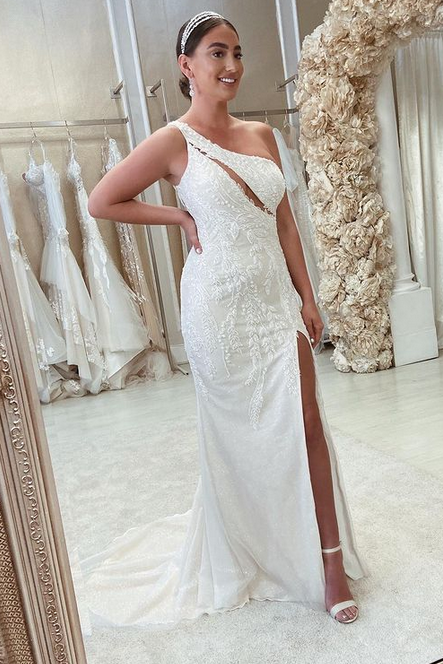 White Beaded One-Shoulder Cutout Slit Long Wedding Dress with Train