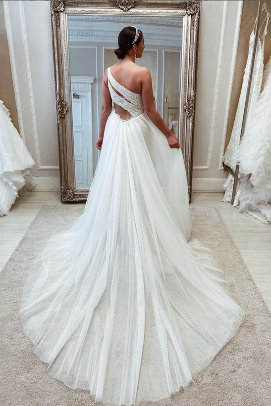 beaded one shoulder wedding dress One-Shoulder Wedding Dresses 2026 Elegant Women's A-Line Sleeveless Floor-Length Formal Wedding Gowns with High Split, Ivory