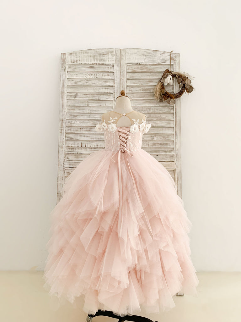Robe de demoiselle d'honneur en tulle rose à épaules dénudées et à volants, longueur au sol, pour fête de mariage