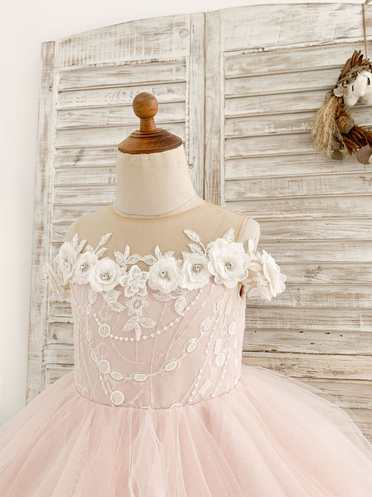 Robe de demoiselle d'honneur en tulle rose à épaules dénudées et à volants, longueur au sol, pour fête de mariage