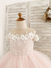 Ruffle Cold Shoulder Pink Tulle Floor Length Wedding Party Flower Girl Dress