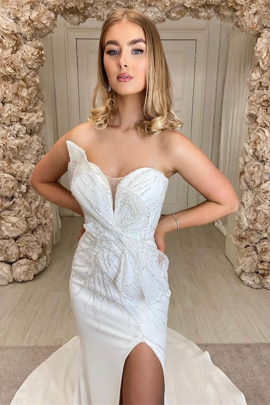 White Beading Strapless Bow-Front Mermaid Wedding Dress, Slit White Beading Strapless Bow-Front Mermaid Wedding Dress, Slit