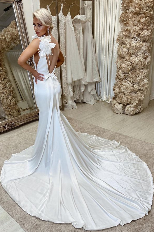 White Satin Plunging Backless Mermaid Wedding Dress, Flowers