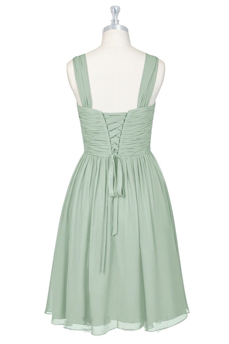 V-Neck Square Back A-Line Short Pleated Chiffon Bridesmaid Dress