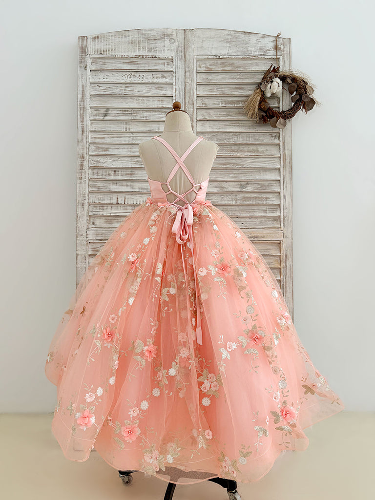 Robe de bal cœur en fleurs 3D perlées en tulle rose pour demoiselle d'honneur