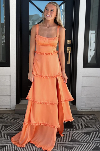 A-Line Straps Square Neck Layered Satin Sleeveless Formal Prom Dress, Ruffles Slit