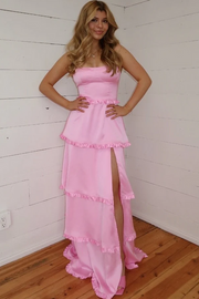 A-Line Straps Square Neck Layered Satin Sleeveless Formal Prom Dress, Ruffles Slit