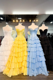 A-line Strapless Sweetheart Lilac Satin Chiffon Layered Long Prom Dress, Slit