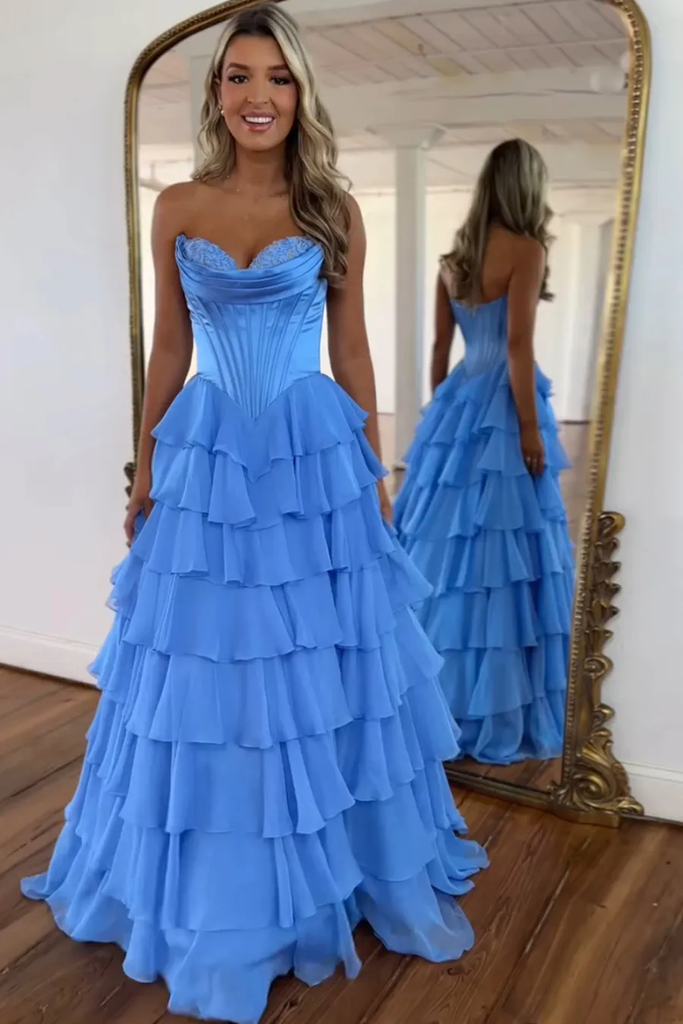 A-line Strapless Sweetheart Lilac Satin Chiffon Layered Long Prom Dress, Slit