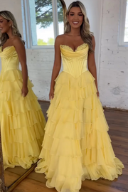 A-line Strapless Sweetheart Lilac Satin Chiffon Layered Long Prom Dress, Slit