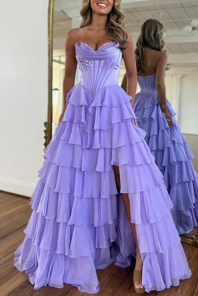 A-line Strapless Sweetheart Lilac Satin Chiffon Layered Long Prom Dress, Slit