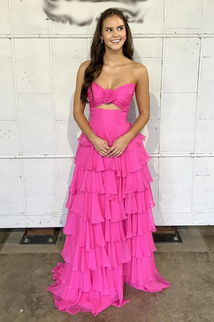 A-Line Strapless V-Neck Cut-out Layered Royal Blue Chiffon Prom Dress, Slit