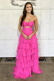 A-Line Strapless V-Neck Cut-out Layered Royal Blue Chiffon Prom Dress, Slit