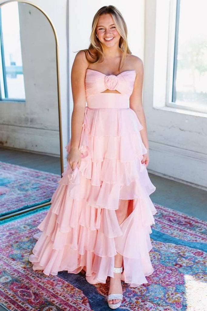 A-Line Strapless V-Neck Cut-out Layered Royal Blue Chiffon Prom Dress, Slit