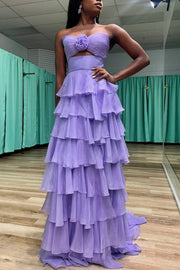 A-Line Strapless V-Neck Cut-out Layered Royal Blue Chiffon Prom Dress, Slit